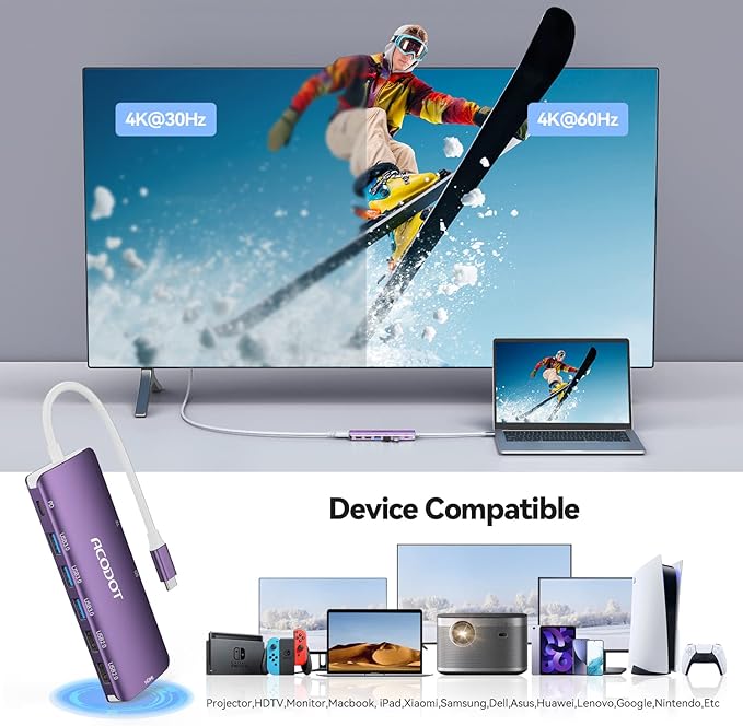 Acodot 9 in 1 USB C Hub - 4K@60Hz HDMI Adapter, 3 USB 3.0 Ports, SD/TF Card Reader, 100W PD, Multiport Adapter for MacBook Pro, Air, HP, XPS, Purple