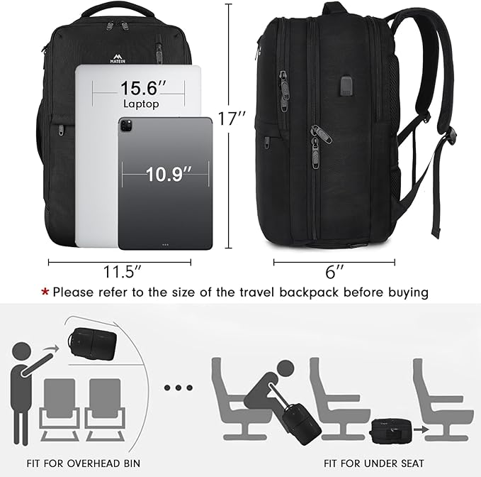 MATEIN Travel Laptop Backpack, Flight Approved Carry on Backpack with USB Port & Shoe Compartment, Large Personal Item Bag Fits 15.6 inch Laptop, Water Resistant Luggage Overnight Weekender Bag, Black
