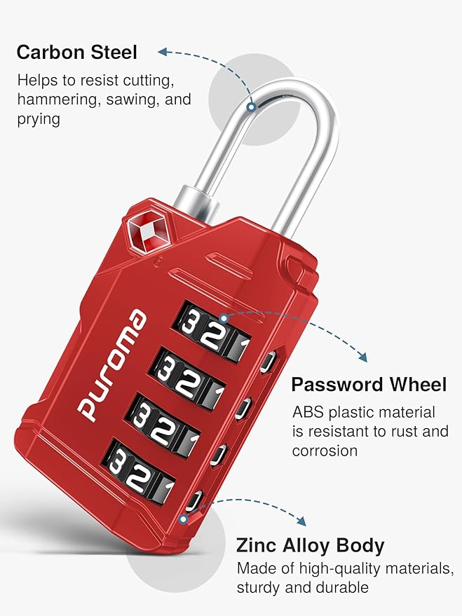 Puroma TSA Approved Luggage Locks, 2 Pack 4 Digit Resettable Travel Combination Code Lock with Zinc Alloy Body for Suitcase, Backpack, Laptop Bag, Gym Locker, Toolbox (Red)