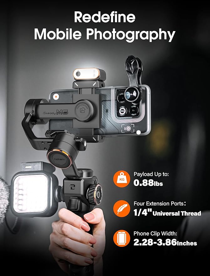 hohem iSteady M6 Gimbal Stabilizer for Smartphone, 2023 Upgrade 3-Axis Phone Gimbal for iPhone 14 Pro Max & Android, 360°Infinite Rotation, OLED Display for Video Recording