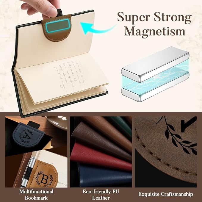 Personalized Bygone Mark Bookmark with Pen Holder,Engraving Leather Magnetic Bookmarks Vintage 26 Letters Name Initials Text Book Marker Clips Gifts for Reading Book Lovers Women (Red, K)