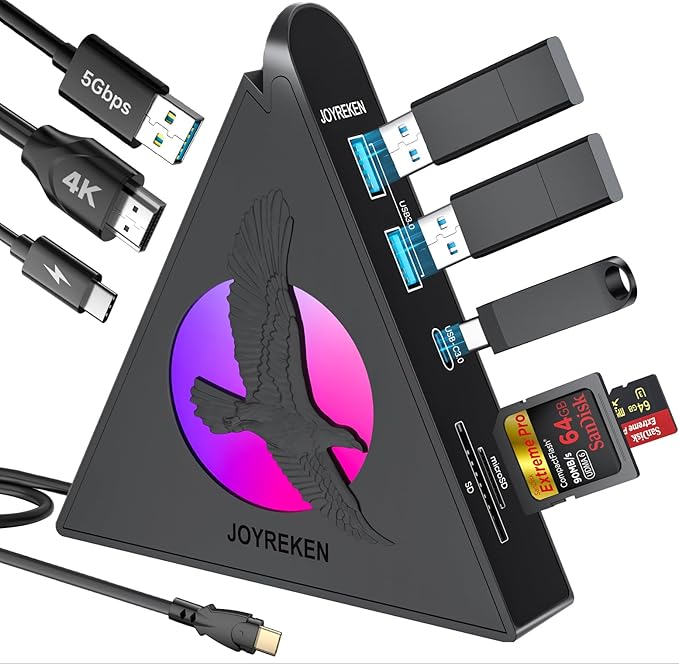 Vertical USB Hub Tower, 8-in-1 USBC Hub with HDMI 4K@30Hz, 100W PD, 5Gbps USB-C & 3xUSB-A, SD&TF Slots, RGB Gaming Hub Compatible with MacBook, iPad, iPhone16, XPS, Surface & Type-C Laptops.