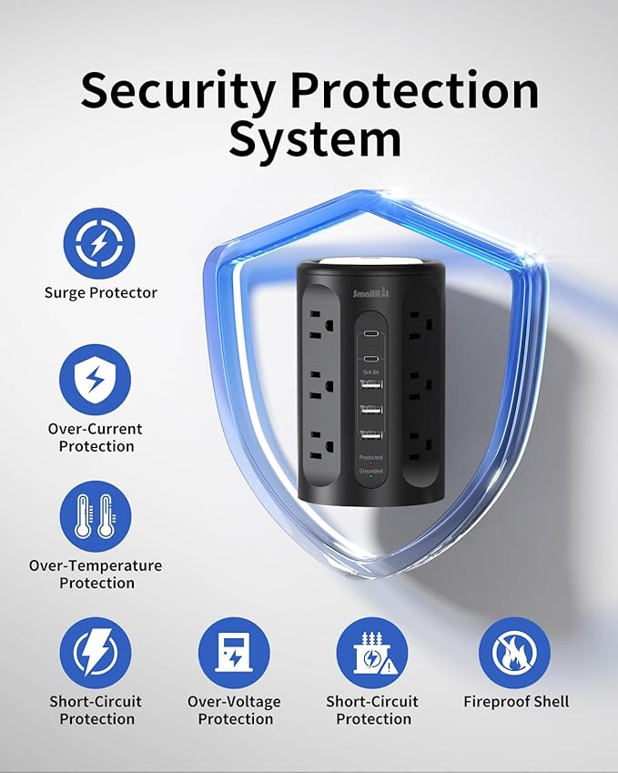 Surge Protector Power Strip Tower with 5 USB Ports and Night Light,10FT Extension Cord with 12 AC Multiple Outlets (Black, 10FT)