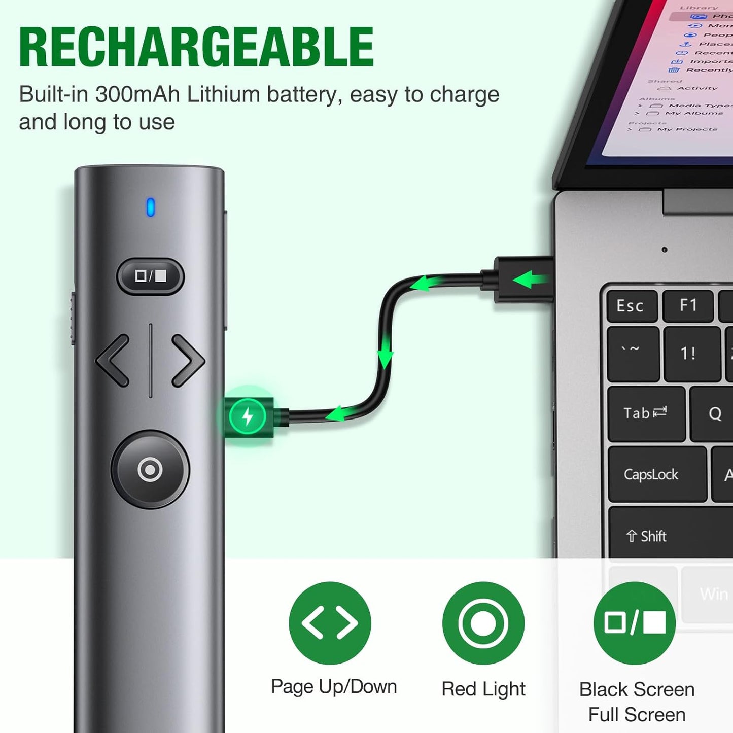 Wireless Presentation Clicker with Green Laser Pointer, Volume Control USB Type C Slide Presenter Remote for Keynote/PPT/Mac/PC/Laptop Office