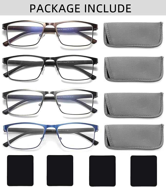 4-Pack Blue Light Blocking Reading Glasses for Men Stylish Metal Frame Readers with Comfort Spring Hinges Anti Glare UV Filter Eyeglasses, +1.0 STRENGTH