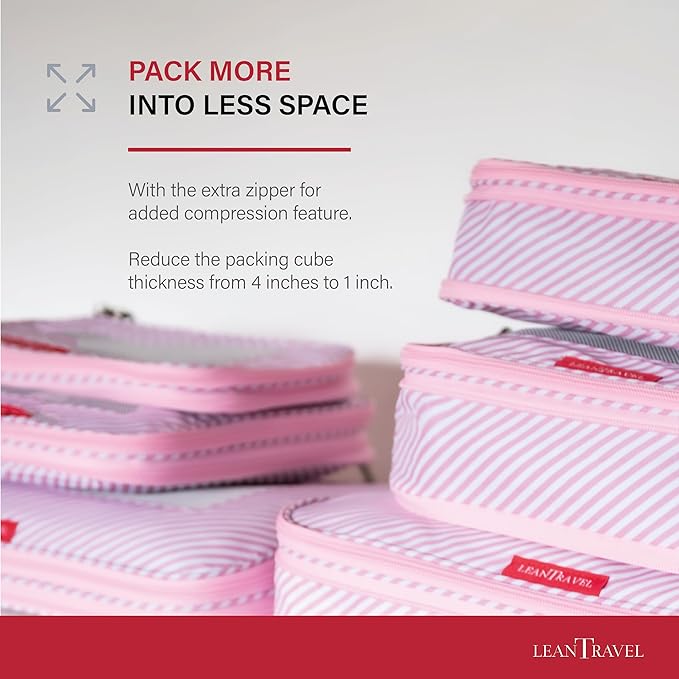LeanTravel Compression Packing Cubes for Travel Organizers with Double Zipper (6-Pack (2L+2M+2S), Pink Stripes)