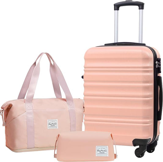 LONG VACATION Carry On Luggage Sets 3 Piece 20 Inch Suitcase Set, ABS+PC Hardshell Lightweight Travel Luggage with Spinner Wheels & YKK Zipper TSA Lock (PINK, 20 Inch)