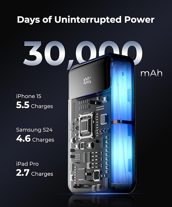 Portable-Charger-Power-Bank Travel Essentials Battery Pack USB C 30000mAh Built in Cable 22.5W Phone Fast Charging Powerbank Compatible with iPhone 16 15 14 13 12 11 iPad Google Xiaomi (Gold)