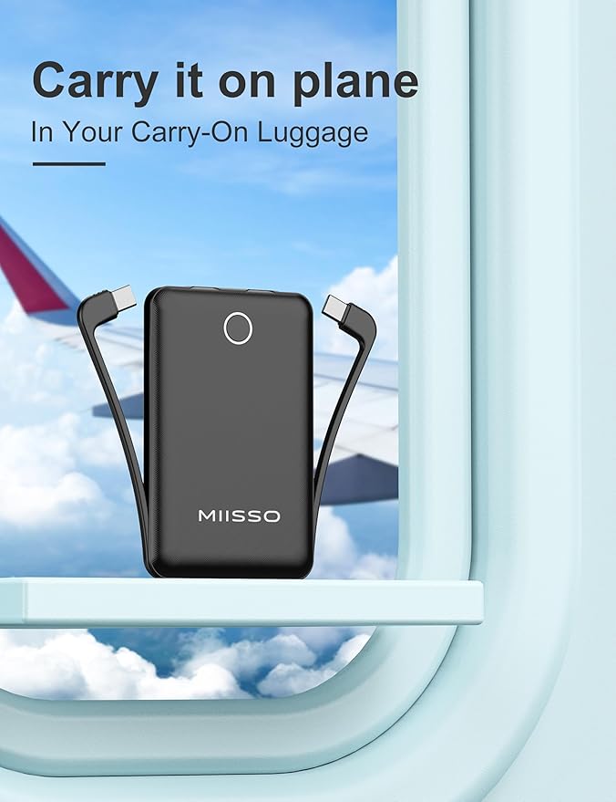 miisso 10000mAh Slim Portable Charger with Built in Cable, Power Bank Travel Charger External Battery Pack for Phone, 3 Output USB Type C Cord Clutch Charger Compatible with iPhone, Black