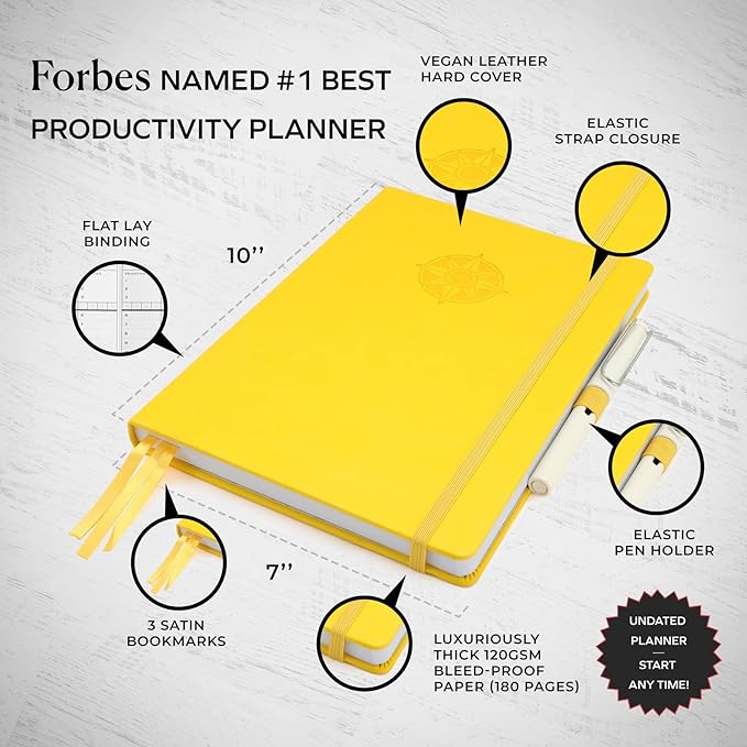 Smart Planner Pro – Undated Daily Planner – Medium B5 – Achieve Goals & Increase Productivity with Weekly, Monthly, Work Sections - Organizer Planner with Back Pocket, 3 Satin Bookmarks & Pen Holder
