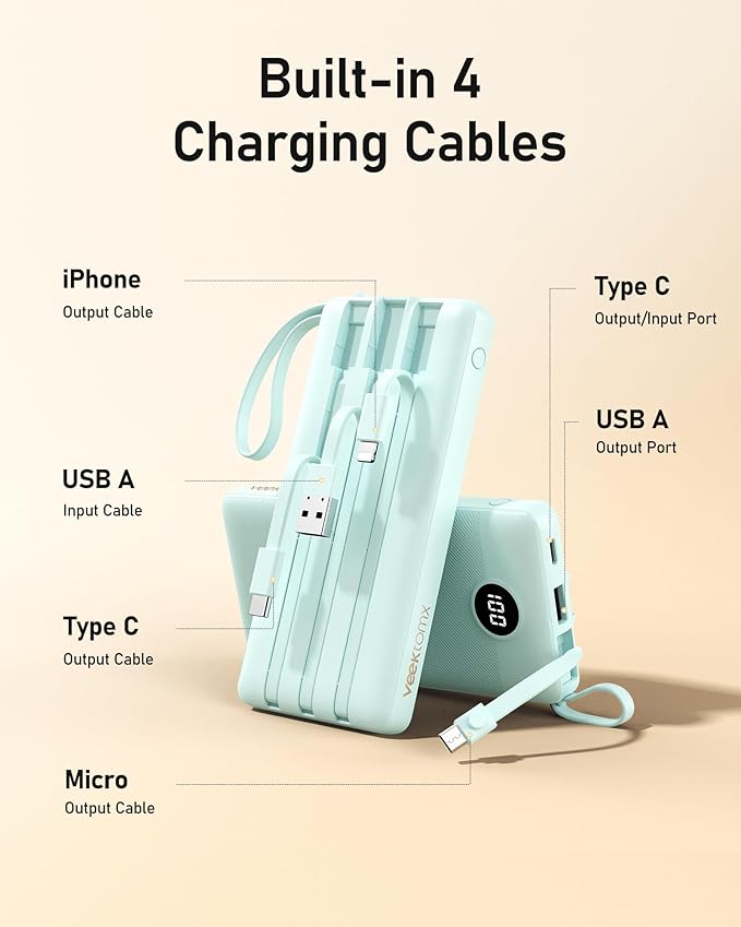 VEEKTOMX Portable Charger Built-in Cables, 10000mAh Power Bank for iPhone, Fast Charge USB C Battery Pack Travel Essentials Powerbank Compatible with iPhone 17/16/15/14, Samsung S25/24, Android, etc