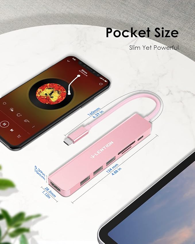 LENTION USB C Hub with 100W Charging, 4K HDMI, Dual Card Reader, USB 3.0 & 2.0 Compatible MacBook Pro, New Mac Air/Surface, Chromebook, More, Stable Driver Adapter (CB-CE18, Rose Gold)
