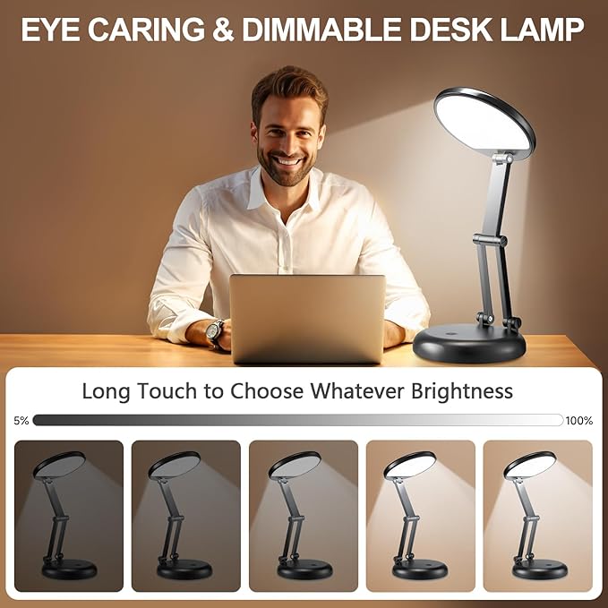 COOLNIGHT Small Desk Lamp, 10 Brightness LED Desk Lamp for Home Office, Rechargeable & Cordless, Eye-caring, Black