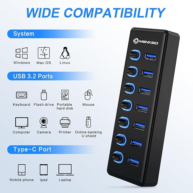 7-Port USB 3.2 Hub, Data USB Hub Splitter with Individual On/Off Switches and Lights, Compatible with Laptop, PC, MacBook, Mac Pro, Mac mini, iMac, Surface Pro and More