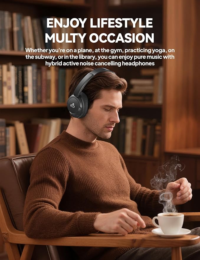 Hybrid Active Noise Cancelling Headphones, Over-Ear Bluetooth Headphone, 60H Playtime, Deep Bass, Transparency Mode, Comfort Fit Ear Cups, White Elephant Gifts for Adults, Travel Office Home - Black