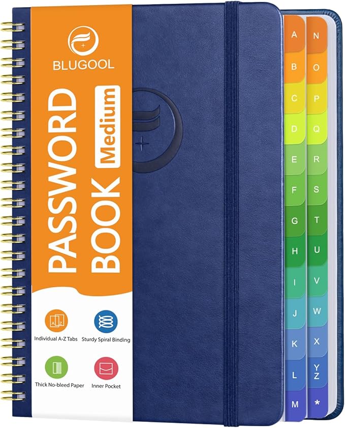 Password Book with Alphabetical Tabs, Password Keeper Book for Seniors, Individual & Colorful Tabs, Spiral Hardcover Password Notebook for Website Logins, 5.7" x 7.7", Navy Blue