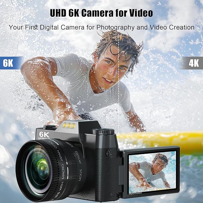 6K Digital Camera for Photography, 64MP Vlogging Camera for YouTube with 3" 180° Flip Screen, 16X Zoom Autofocus Compact Travel Beauty Cameras for Teens, with 32GB Micro SD Card