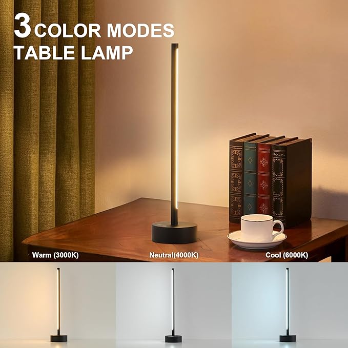 Cordless LED Table Lamp Set of Two, Battery Operated Portable Desk Lamp, Dimmable/3 Color/Memory Function, Modern Rechargeable Table Light for Living Room,Bedroom, Bedside, Black, 2 Pack