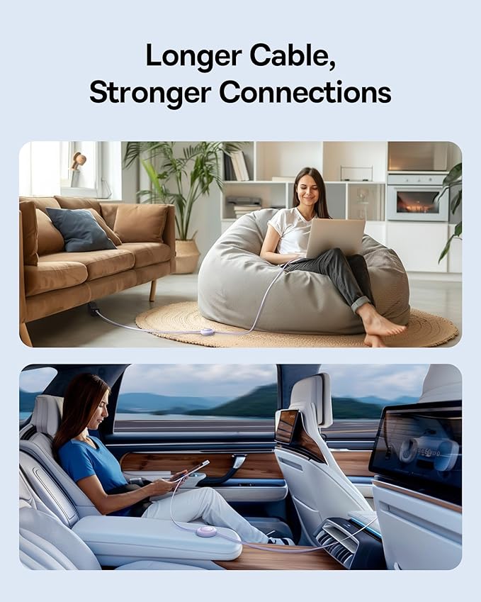 Baseus USB C to USB C Cable, 100W 6.6ft Retractable USB C Fast Charging Cable, 7-Stage Length Preset Retractable Charger Cord for iPhone 16 15 Pro Plus Pro Max, MacBook, iPad Pro, Samsung S24/S23+