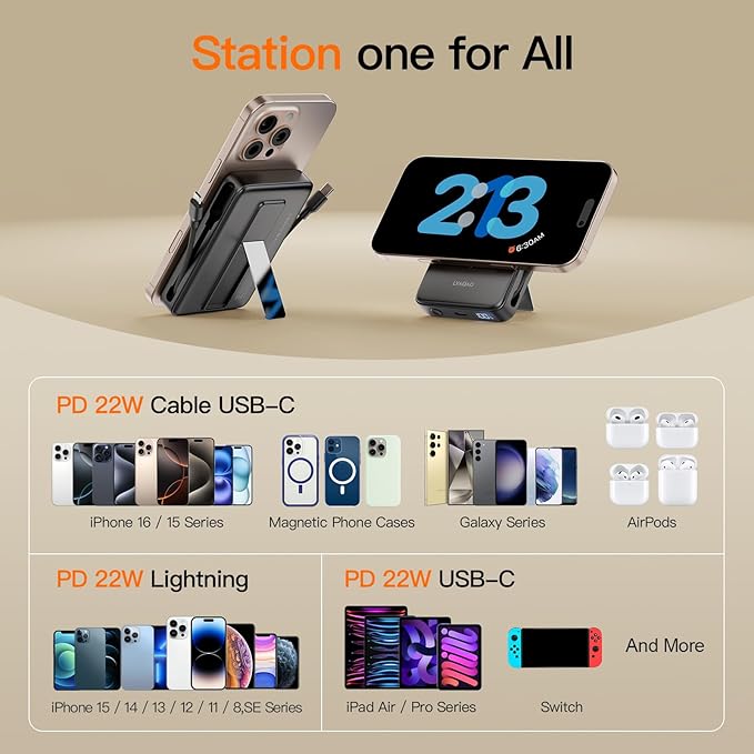 2025 Magnetic Battery Pack 16800mAh Mobile Power Bank, Portable Charger with Foldable Stand and Built-in Cable, 20W USB-C Fast Charging, Suitable for iPhone 17/16/15/14/13/12 Series