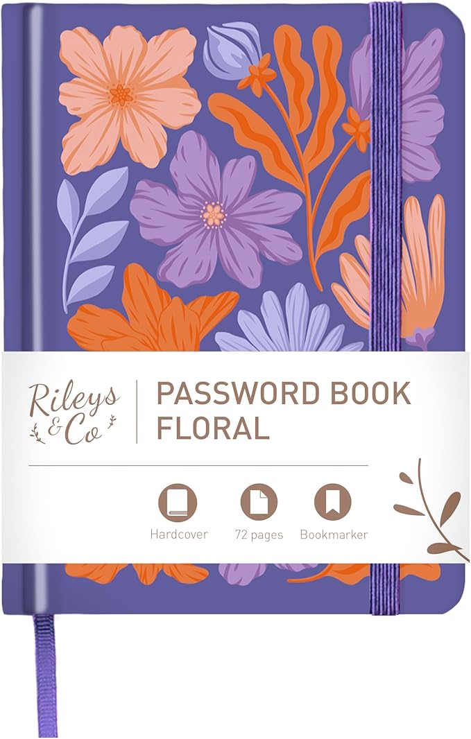 Rileys & Co. Password Book with Alphabetical Tabs, Password Keeper, Password Books for Seniors, Password Notebook for Internet Login, Website, Username (6 x 5 Inches, Purple - Floral)