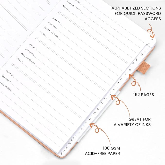Password Book with Alphabetical Tabs, Internet Address and Password Keeper, A5 Size 8.3"x6" Password Notebook for Saving Internet Login, Username, Password Organizer for Computer & Website
