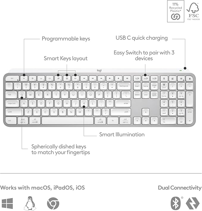 Logitech MX Keys S Wireless Keyboard, Low Profile, Fluid Precise Quiet Typing, Programmable Keys, Backlighting, Bluetooth, USB C Rechargeable, for Windows PC, Linux, Chrome, Mac - Pale Grey