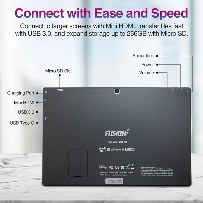 Fusion5 10" Windows 11 Professional FWIN232 Plus N2 Ultra Slim Windows Tablet PC - 8GB RAM, 128GB Storage, USB 3.0, Micro HDMI, IPS HD Display, 5MP and 2MP Cameras, Bluetooth