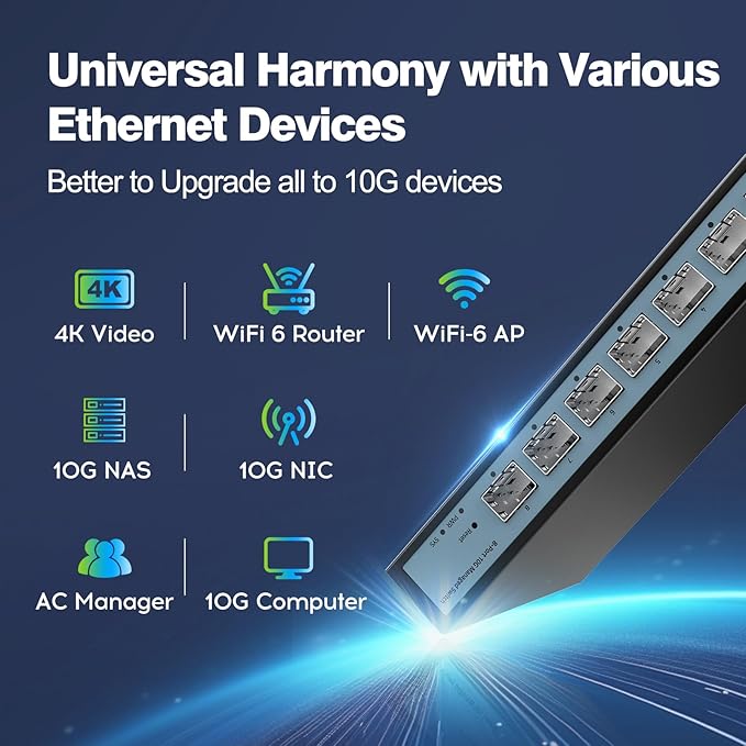 8 Port 10G Web Managed Switch, 8X10G SFP+ Ports, Link Aggregation/QoS/VLAN/IGMP, Wall Mounted Fanless 10Gb Multi-gig Network Switch（SFP Ports Only