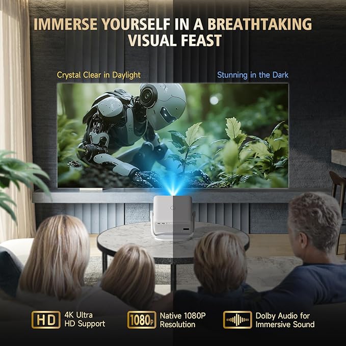 Projector with WiFi and Bluetooth, 4K 1080P 250Ansi, Portable Movie Projector, Auto Focus&Keystone Correction, 180° Rotatable, Compatible with Smartphone, TV Stick, Laptop, HDMI, USB