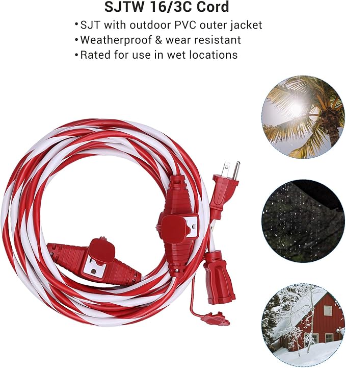 DEWENWILS 25FT Outdoor Extension Cord with Multiple Spaced Outlets Plugs, 16/3 SJTW Power Cord for Outdoor String Lights and Holiday Decorations, Appliances, UL Listed, Candy Cane