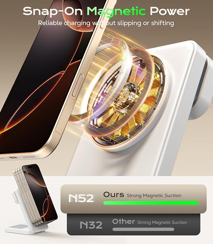 3 in 1 Magnetic Charging Station, 15W Fast Wireless Charger Compatible with MagSafe Charger Stand for iPhone 17 16 15 14 13 12, Apple Watch Charger & AirPods, Foldable Travel Charging Dock, White