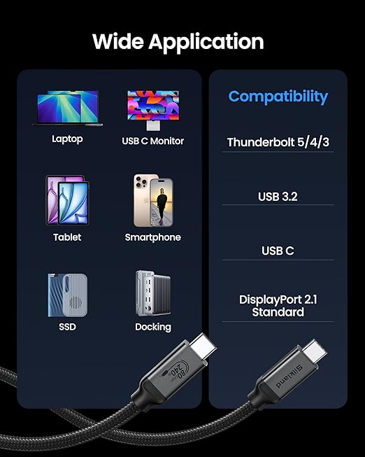 Silkland 80Gbps USB 4 for Thunderbolt 5 Cable 6.6FT/2M, up to 120Gbps Bandwidth for Dual 8K, 240W PD 3.1 Charging, Braided USB C Video Cable Compatible for Thunderbolt 4, SSD, MacBook,iPhone 17, Dock