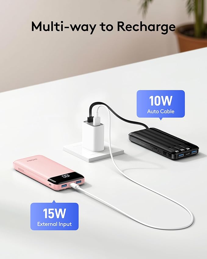 Portable Phone Charger, 10000mAh Portable Charger Power Bank with Built-in Cables, Travel Essential Battery Pack Compatible with iPhone, Samsung, Google, iPads, Tablets, etc