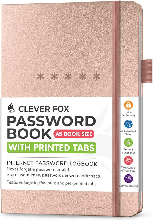 Clever Fox Password Book – Alphabetized Internet Address & Password Organizer – Computer & Website Password Keeper Notebook – Log-In Password Journal - Medium, A5, 8.3x5.8″, Hardcover (Rose Gold)