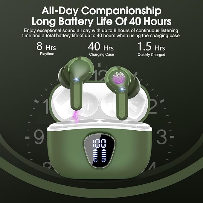 Wireless Earbuds, Bluetooth 5.4 Headphones HiFi Stereo, Bluetooth Earbuds with ENC Noise Cancelling Mic, IP7 Waterproof in Ear Earphones, 48H, LED Display Ear buds for Pad Phones Workout Sports, Green