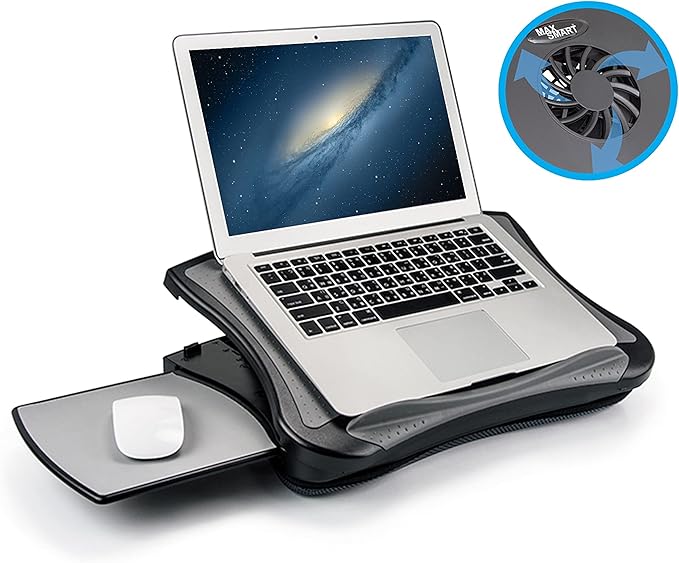 Laptop Lap Pad Laptop Stand with Attached Mouse Pad, Cushion and USB Cooling Fan, Non-Slip Heat Shield Tablet Computer Stand for Sturdy Work Station for Home, Office, Bed Sofa, Couch and Car