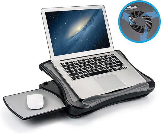 Laptop Lap Pad Laptop Stand with Attached Mouse Pad, Cushion and USB Cooling Fan, Non-Slip Heat Shield Tablet Computer Stand for Sturdy Work Station for Home, Office, Bed Sofa, Couch and Car
