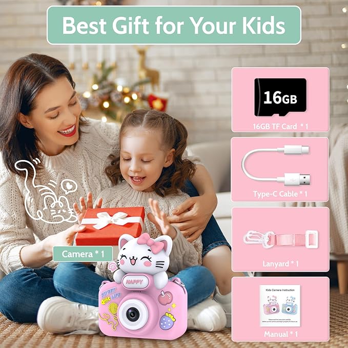 Kids Camera for Age 3-8, Kids Digital Camera Toddler Camera for 9 10 11 12 Years Old Birthday Gifts, 1080P Video Camera with Cute Protective Cover & 16GB SD Card