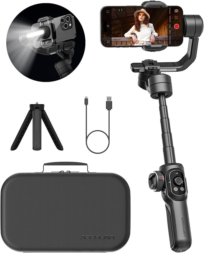 Gimbal Stabilizer for Smartphone, 3-Axis Industry-Standard Gimbal w/360°Rotation, Phone Stabilizer Built-in Extension Rod, Professional Gimbals w/Fill Light for iPhone/Android-Smart S2