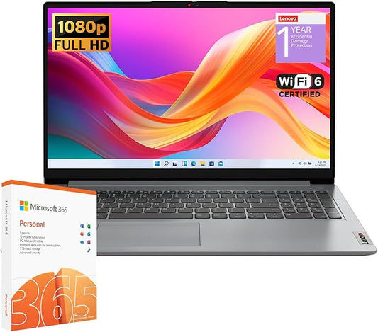 Lenovo IdeaPad 1 Student Laptop, Intel Dual Core Processor, 8GB RAM, 128GB SSD + 128GB eMMC, 15.6" FHD Display, 1 Year Office 365, Windows 11 Home, Wi-Fi 6, Webcam, Bluetooth, SD Card Reader, Grey