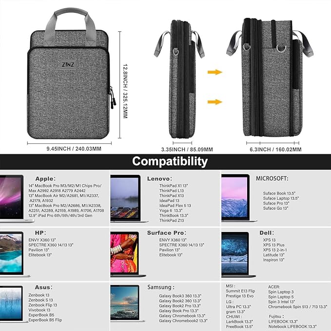 ZINZ Slim & Expandable Case 12.9 13 inch Travel Laptop Shoulder Bag for MacBook Air 13" M3/M2/M1, MacBook Pro 13" M2/M1, iPad Pro 12.9"/13"/11", iPad Air 13",L01G06