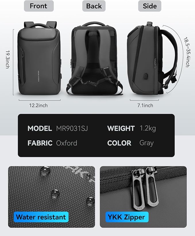 Muzee Backpack for Men Waterproof and Travel Laptop Backpack with USB Charging, Fits 17 Inch Laptop and Tech Gear