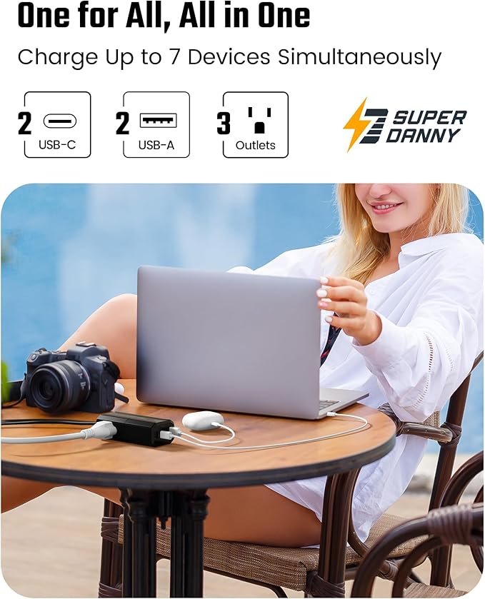 SUPERDANNY Detachable Power Strip, 45W USB-C & USB-A Fast Charge with 3 Outlets, 5ft Flat Plug Extension Cord, Portable for Cruise, Home, Black