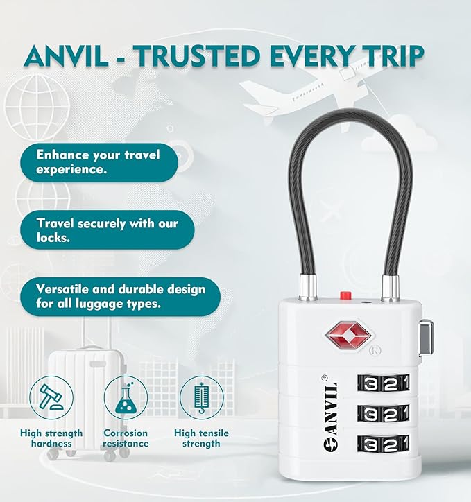 ANVIL TSA Approved Luggage Locks – High Security TSA008 Combination Travel Locks with Inspection Indicator for Suitcases and Backpacks. (4, White)