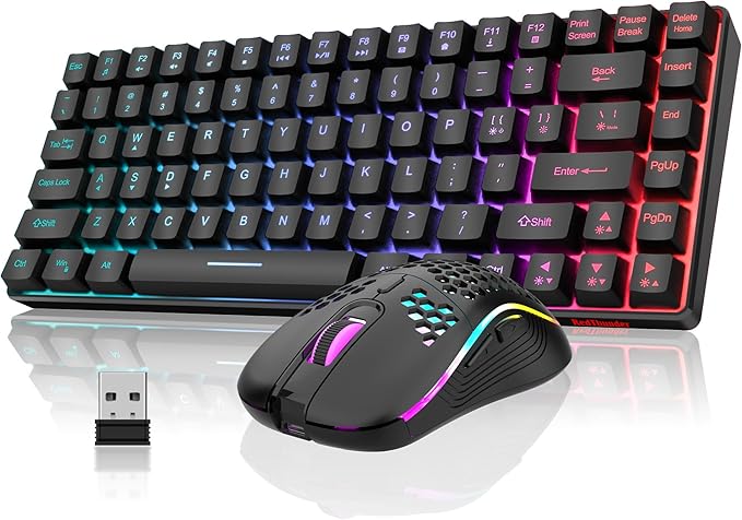 RedThunder K84 Wireless Keyboard and Mouse Combo, Rainbow Backlit Rechargeable Battery, 75% Layout TKL Ultra Compact Gaming Keyboard & Lightweight 3200 DPI Honeycomb Optical Mouse (Black)
