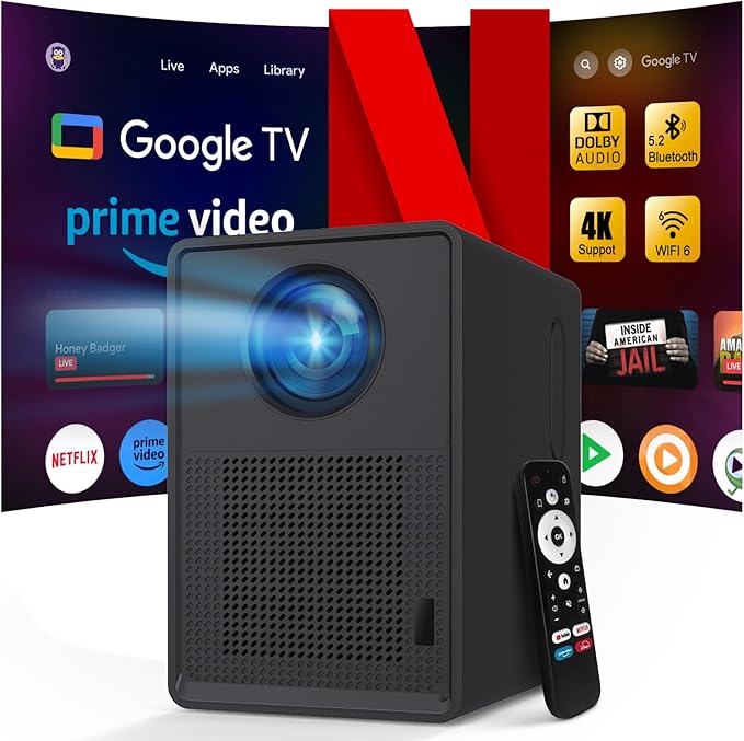 Official Licensed Google TV Smart Projector - 4K UHD Home Theater Projector with WiFi and Bluetooth : Built-in Trending Streaming Apps, Cinematic Dolby Audio, 80% Zoom, 300" Portable Outdoor Projector
