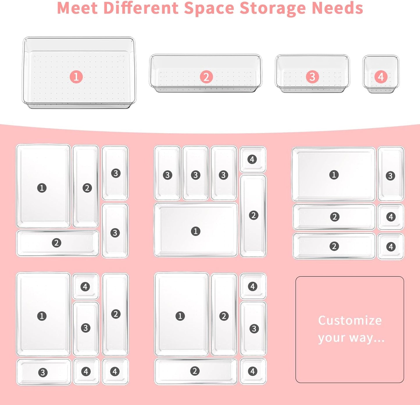15 PCS Clear Plastic Drawer Organizer Set, 4 Sizes Versatile Bathroom Drawer Organization and Storage Trays, Non-Slip Desk Vanity Storage Bins for Makeup Jewelry Kitchen Utensil Gadget Office