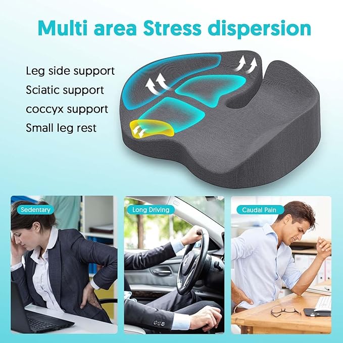 Seat Cushion for Office Chairs - Tailbone & Sciatica & Hip & Coccyx & Low Back Pain Relief Pillow - Memory Foam Pressure Relief Cushion for Long Sitting for Gaming, Compute, Desk Chair, Car Seat
