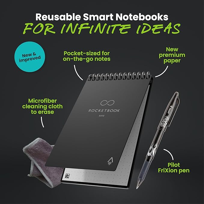 Rocketbook New Mini Reusable Smart Notepad, Pocket Size Notebook 3.5x5.5, Black - Dotted Pages, App-Connected, Erasable, Ideal for On-The-Go List Taking & Quick Notes Anywhere